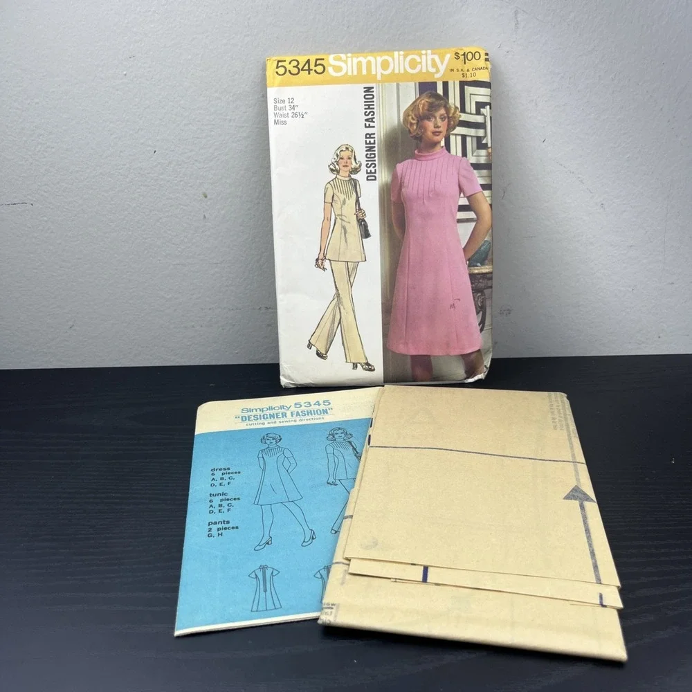 Vintage 1972 Simplicity 5345 Sewing Pattern Misses Dress Tunic Pants Size 12 Bus